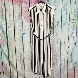 Hem Black and Cream Vertical Stripe Midi Shirt Dress with Self Tie